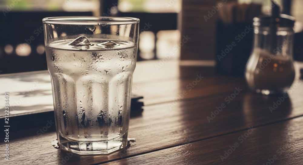 Fototapeta premium Dew-Kissed Ice Water on Warm Wood Grain
