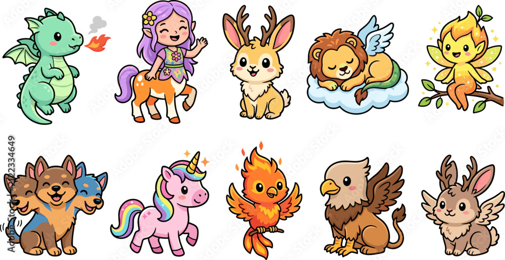 Obraz premium Cute Chibi Mythical Creatures and Fantasy Beasts Vector Character Set with Baby Dragon, Unicorn, Phoenix, Cerberus, Centaur, Griffin, Jackalope, and Fairy Icons
