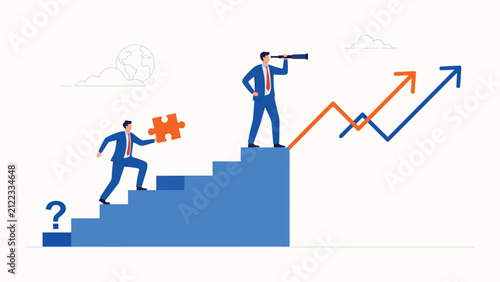 business growth strategy concept with career progression, puzzle solution, leadership, success planning and upward trend illustration