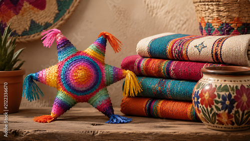 Colorful handcrafted piñata and woven textiles arranged in a warm rustic interior setting with traditional artisan details and vibrant cultural decor
