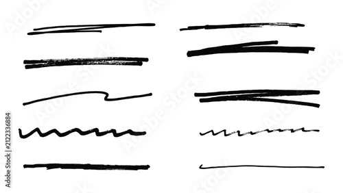 Set of hand-drawn black ink lines, scribbles, and underline strokes on a plain white background