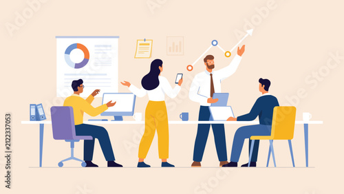 business team analyzing financial data with presentation collaboration strategy and project planning in modern office illustration