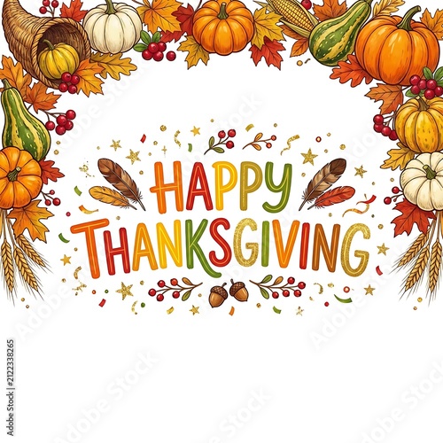 Happy Thanksgiving greeting card design. Autumn harvest border with pumpkins and leaves.