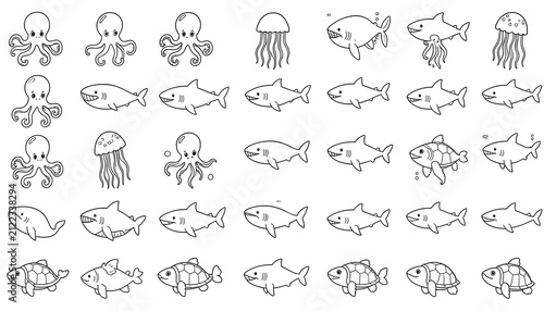 Cute Ocean Creatures Line Art Vector Icon Grid Set