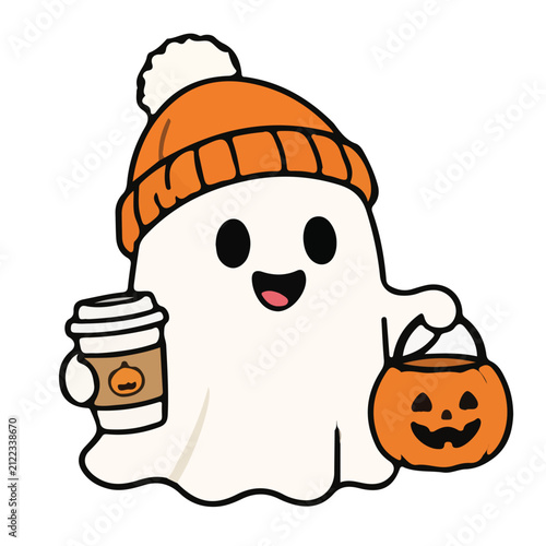 Cute Ghost with Pumpkin Coffee Cup and Jack O Lantern Halloween