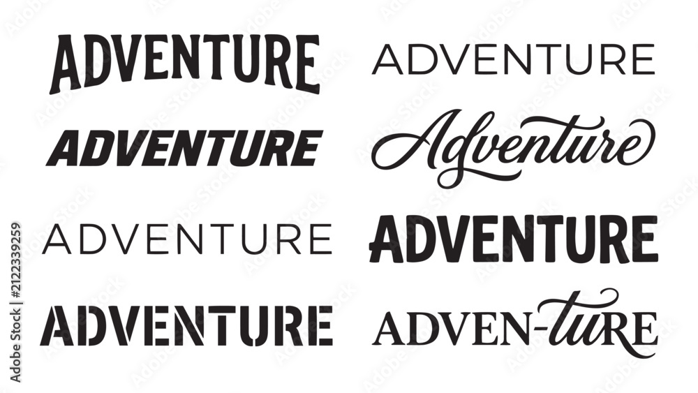 Fototapeta premium Adventure typography collection. Set of various creative lettering styles and fonts.