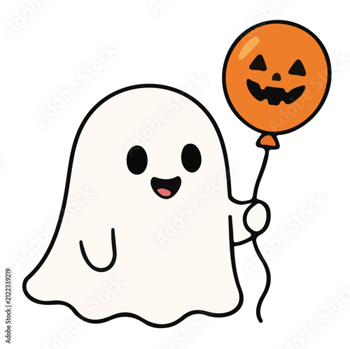 Cute Ghost Holding Pumpkin Balloon Halloween