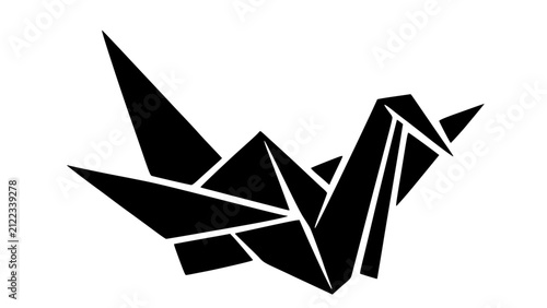 Origami bird in black silhouette. Artistic paper folding design for creative projects.