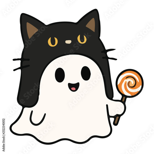 Cute Ghost Wearing Black Cat Hat Halloween
