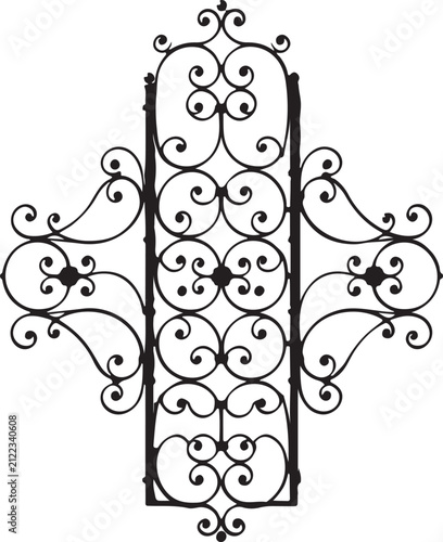 Elegant Ornamental Wrought Iron Gate Vector with Vintage Floral Scrollwork Decorative Fence Silhouette Isolated on White