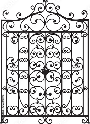 Elegant Ornamental Wrought Iron Gate Vector with Vintage Floral Scrollwork Decorative Fence Silhouette Isolated on White