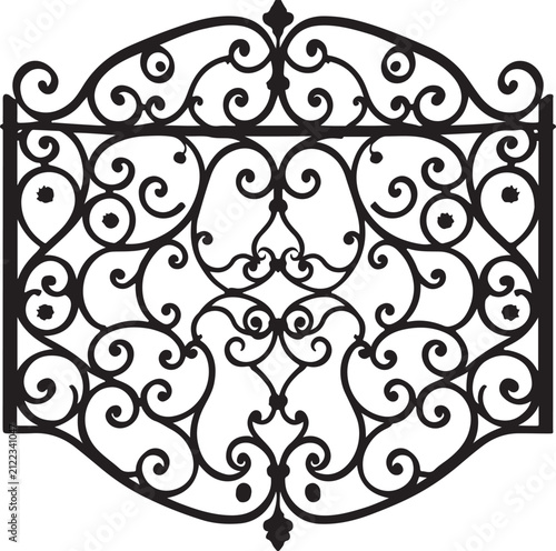 Elegant Ornamental Wrought Iron Gate Vector with Vintage Floral Scrollwork Decorative Fence Silhouette Isolated on White