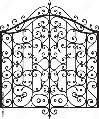 Elegant Ornamental Wrought Iron Gate Vector with Vintage Floral Scrollwork Decorative Fence Silhouette Isolated on White