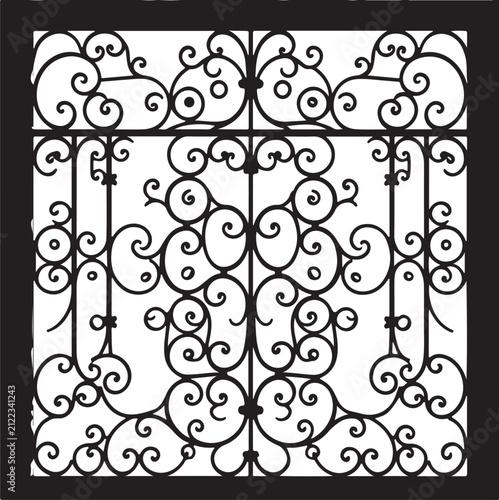 Elegant Ornamental Wrought Iron Gate Vector with Vintage Floral Scrollwork Decorative Fence Silhouette Isolated on White