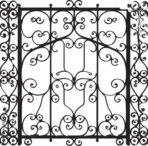 Elegant Ornamental Wrought Iron Gate Vector with Vintage Floral Scrollwork Decorative Fence Silhouette Isolated on White