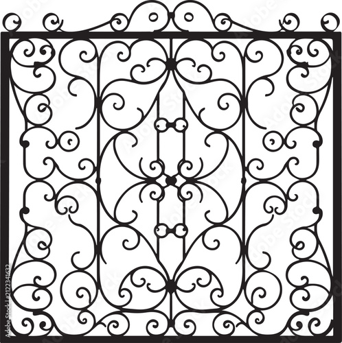 Elegant Ornamental Wrought Iron Gate Vector with Vintage Floral Scrollwork Decorative Fence Silhouette Isolated on White