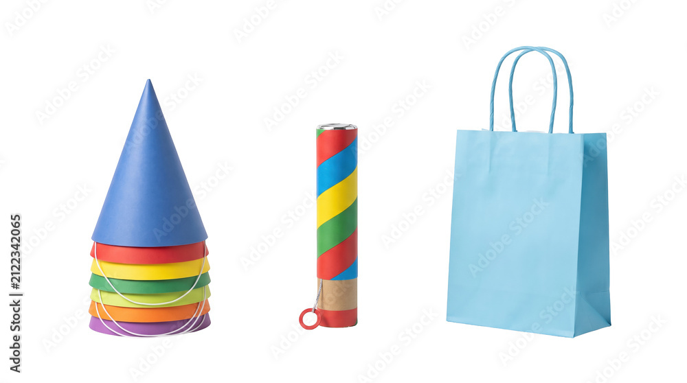 Fototapeta premium Party supplies pack three items set for marketing presentation and creative design concept mockup
