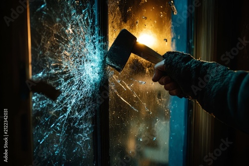 Hooded figure breaking window with hammer at night.