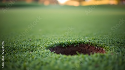 A neat divot of turf beside exposed soil on a manicured golf course in morning light.