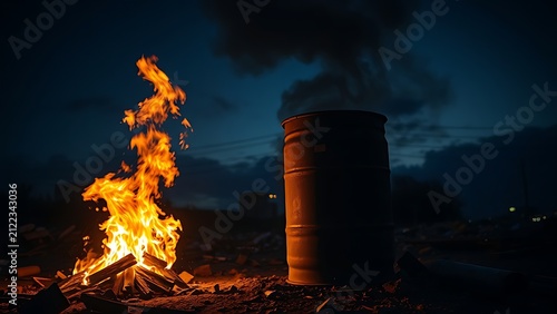 Burning gasoline barrel emitting black smoke and orange flames in urban ruins at night.