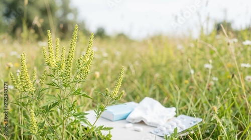 Blooming ragweed plant in a grassy field with allergy medication. Tissues and antihistamine pills in the background representing seasonal summer hay fever relief