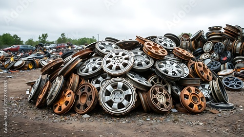 Pile of discarded hubcaps forming a metallic mound in a scrapyard.