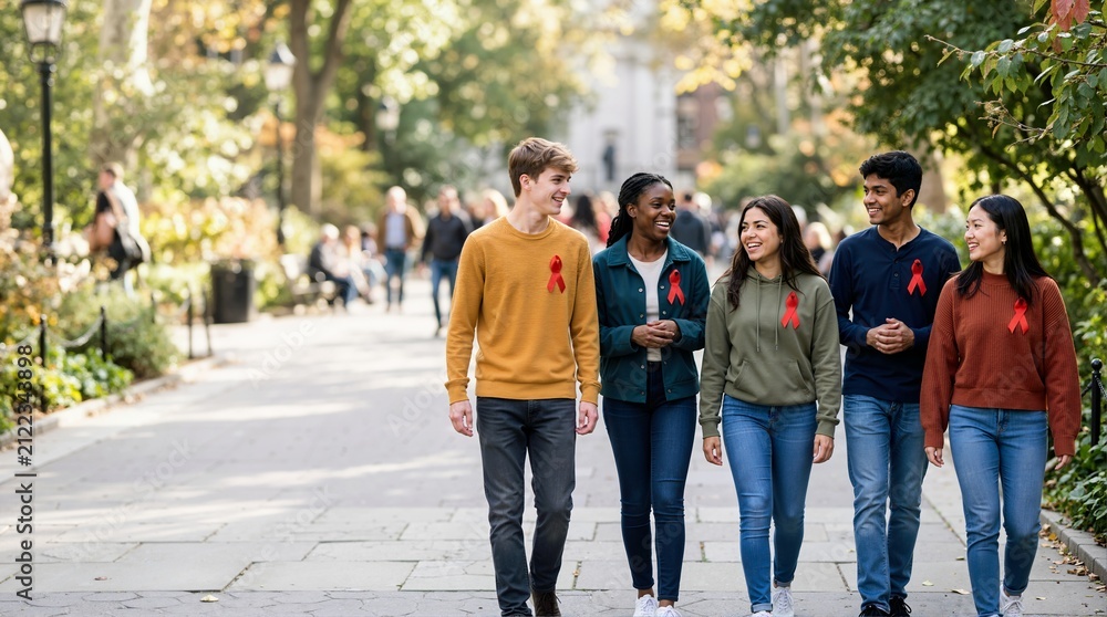 Obraz premium Diverse group of teenagers walking in a park wearing red ribbons. Young friends showing solidarity and support for World AIDS Day awareness campaign