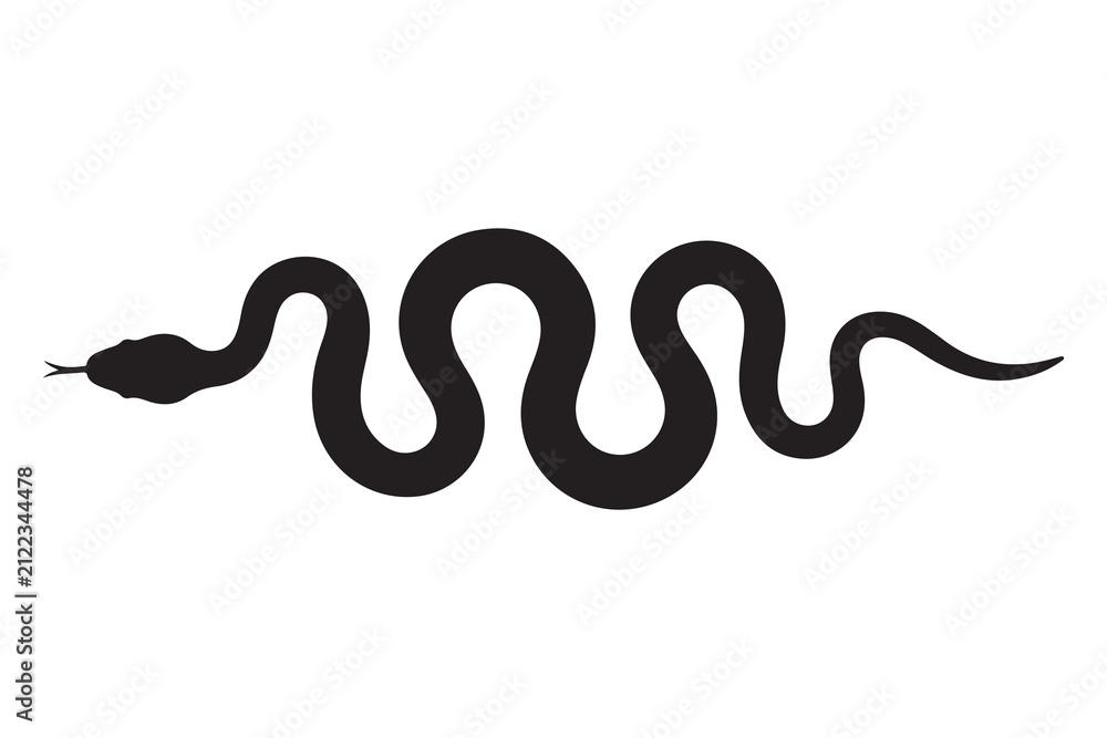 Fototapeta premium This is a clean, modern black silhouette vector icon of a snake slithering horizontally in a wavy pattern, featuring a detailed head and forked tongue against a plain white background.