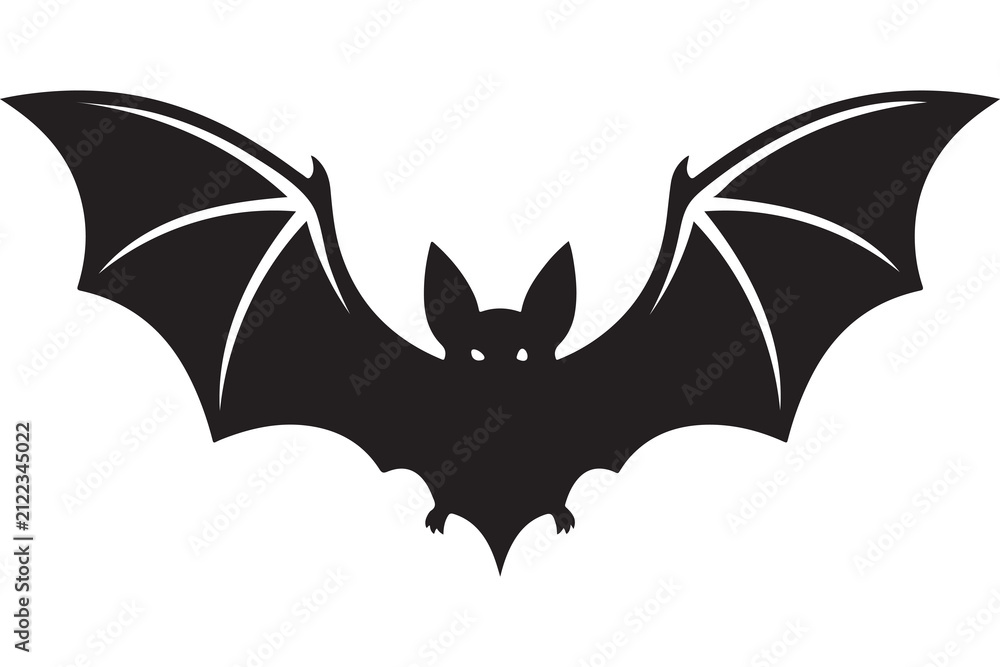 Fototapeta premium This is a clean, stylized black and white vector silhouette icon of a flying bat with its wings spread wide, featuring sharp pointed ears and glowing eyes on a plain white background.