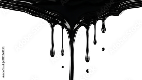 IA generated glossy black liquid dripping down with viscous droplets, isolated on a clean white background.