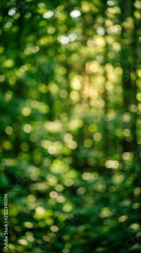 Abstract natural background featuring soft green foliage and golden sunlight creating a beautiful bokeh effect in a peaceful forest setting during daytime