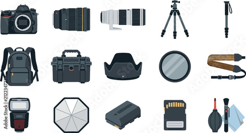 Fotografie Camera Gear Icon Set with DSLR, Telephoto Lens, Tripod, Monopod, Backpack, Hard