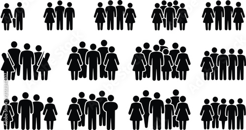 people silhouette icons featuring group crowd symbols, human gathering shapes, organized team formation, black silhouette graphics, editable vector design.