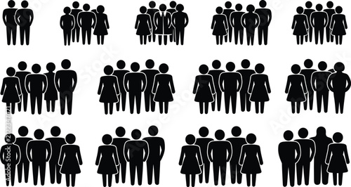 people silhouette icons featuring group crowd symbols, human gathering shapes, organized team formation, black silhouette graphics, editable vector design.