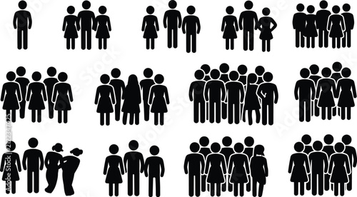 people silhouette icons featuring group crowd symbols, human gathering shapes, organized team formation, black silhouette graphics, editable vector design.