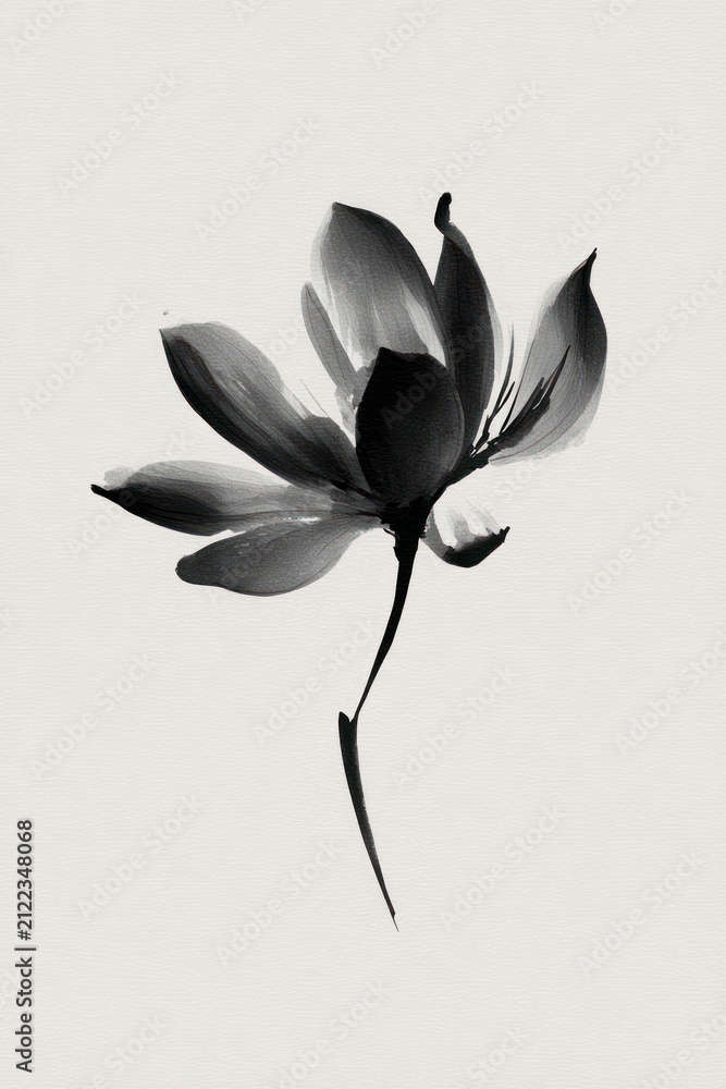 Obraz premium Minimalist black and white ink painting of a single flower on canvas.