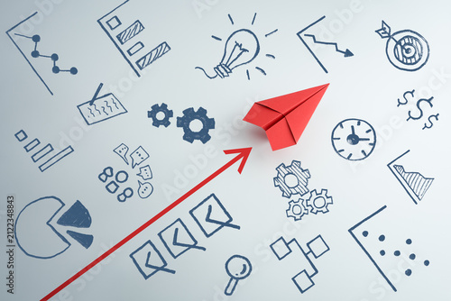 Photography Red paper plane and arrow with business strategy on white background, Business g