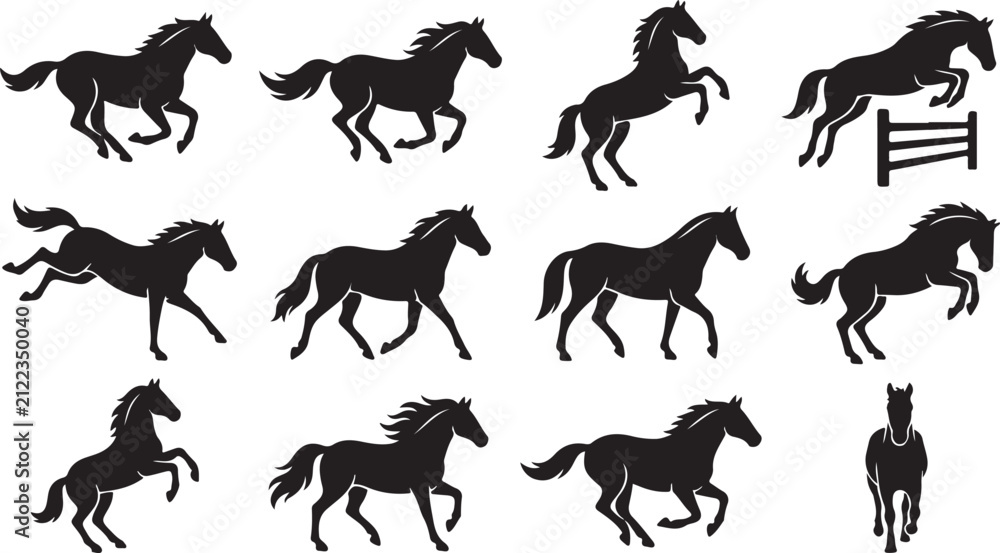 Fototapeta premium Black silhouette of horses in various dynamic poses, including running, jumping, rearing, and standing, isolated on a white background