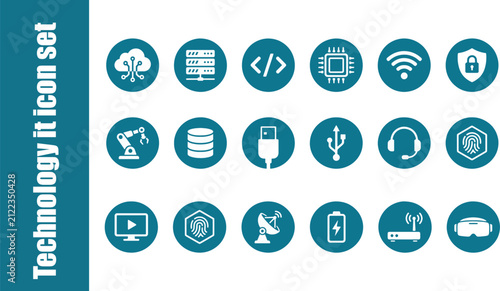 Technology It Icon Set Flat White Symbols On Teal Background