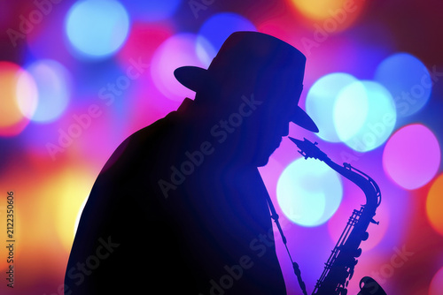 Silhouette of musician playing saxophone against colorful bokeh background, creating vibrant and artistic atmosphere