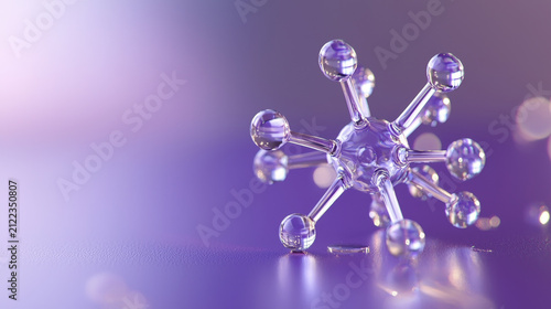 Purple transparent molecule model showcases intricate design and structure, reflecting light beautifully
