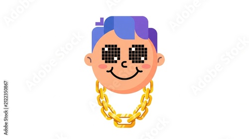 Cartoon boy with glasses and gold chain. Child with playful expression and colorful accessories.