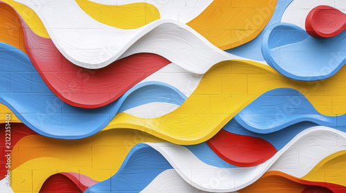 Vibrant and expressive mural featuring colorful waves in red, yellow, blue, and white, creating dynamic visual impact