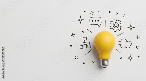 Creative ideation business strategy concept showing a yellow lightbulb with hand drawn process icons representing corporate innovation
