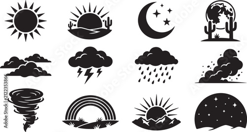 Foto Set of black and white weather featuring sun, moon, clouds, rain, lightning, tor