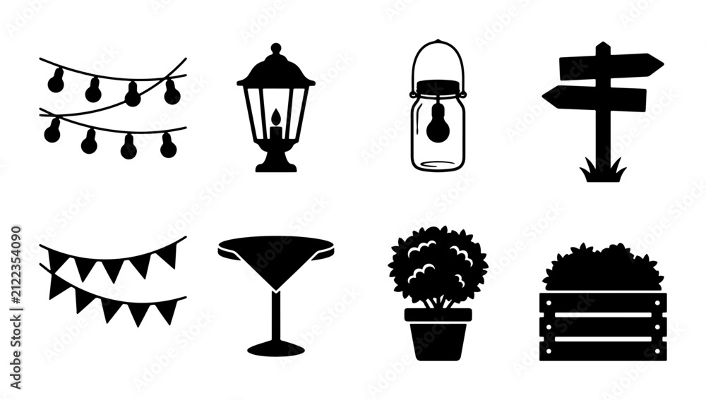 Fototapeta premium Outdoor Party Decor Icons, Garden Lighting, Signpost, Bistro Table, Potted Plant, Bunting Flags