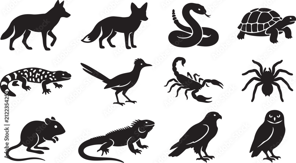 Fototapeta premium Set of black silhouettes featuring desert animals including coyote, fox, snake, turtle, lizard, scorpion, spider, and owl, isolated on white