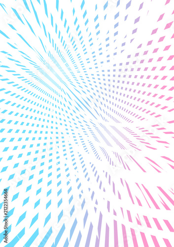 Abstract geometric background featuring flowing grids of blue, pink, and lavender diamond shapes on a white backdrop. Dynamic perspective, optical illusion, and modern digital design create depth, mot