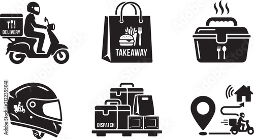 Canvastavla Set of food delivery, takeaway paper bag, hot meal lunch box, courier motorcycle, helmet, and dispatch tracking icons