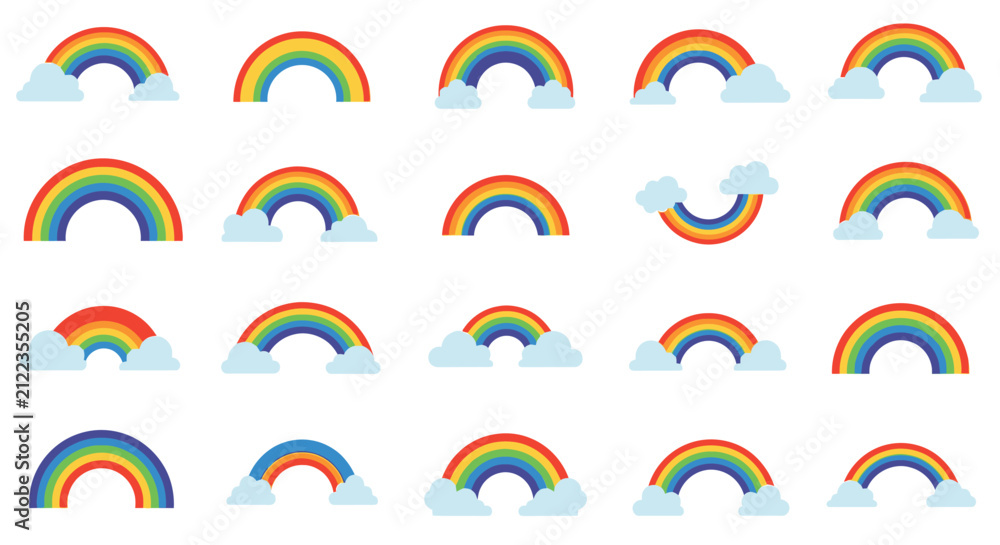 Fototapeta premium Rainbows arch across the sky with colorful bands and fluffy clouds in this weather icon collection.